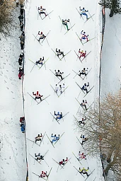 Athletes climb a hill during the Engadine cross country skiing marathon from Maloja to S-Chanf in so Athletes climb a hill during the Engadine cross country skiing marathon from Maloja to S-Chanf in so