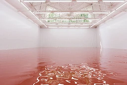 Il padiglione svizzero con l&#39;installazione dell&#39;artista svizzera Pamela Rosenkranz intitolata &quot;Our Product&quot; (Il nostro prodotto), riempito con un liquido monocromo, che richiama il tono della pelle standardizzato dell&#39;Europa settentrionale, fotografato alla Biennale di Venezia 2015 a Venezia, Italia, il 1° settembre 2015.