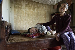 Da Nang, 7 dicembre 2013: Hoang Thi The con il figlio Tran Duc Ngia (33). La 77enne deve ancora prendersi cura dei suoi due figli adulti gravemente disabili. Durante la guerra del Vietnam, il marito, mentre lavorava come fattorino, entrò in contatto con l'Agente Arancio, un defoliante altamente tossico e contenente diossina. Da Nang, 7 dicembre 2013: Hoang Thi The con il figlio Tran Duc Ngia (33). La 77enne deve ancora prendersi cura dei suoi due figli adulti gravemente disabili. Durante la guerra del Vietnam, il marito, mentre lavorava come fattorino, entrò in contatto con l'Agente Arancio, un defoliante altamente tossico e contenente diossina.
