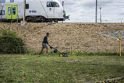 Bienne-Madretsch, 28 juillet 2015, 12h53 : La tondeuse à gazon est à l&#39;heure.
