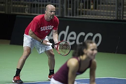Swiss coach Roland Burtscher attends the public training session ahead of the Fed Cup semi-finals between Switzerland and the Czech Republic in Lucerne, Switzerland on April 13, 2016