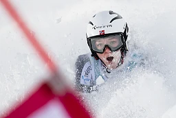 Thea Louise Stjernesund of Norway reacts after a crash during the women's parallel slalom qualifying at the FIS Alpine Ski World Cup, in St. Moritz, Switzerland, Sunday, December 9, 2018.