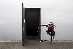 Die Taucherin Vinka Looser steht neben der Skulptur "Seesicht" des Kuenstlers Roman Signer aus dem Jahr 2015 am Ufer des Zugersee in Zug, am Freitag, 28. Dezember 2018.