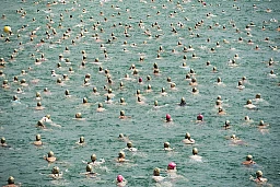 7743 Schwimmerinnen und Schwimmer überqueren gemeinsam den Zürisee, vom Strandbad Mythenquai zum Strandbad Tiefenbrunnen, bei heissen Temperaturen.