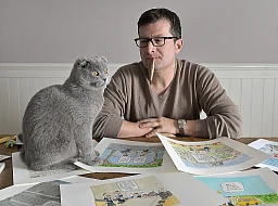 Christophe Bertschy, le dessinateur de Nelson, pose avec ses dessins sur la fête des vignerons, qui paraîtront dans 24 heures, et son chat Basile. Ce jeudi 07 février, dans son atelier à Lausanne. (Christian Brun/24 Heures) Christophe Bertschy, le dessinateur de Nelson, pose avec ses dessins sur la fête des vignerons, qui paraîtront dans 24 heures, et son chat Basile. Ce jeudi 07 février, dans son atelier à Lausanne. (Christian Brun/24 Heures)