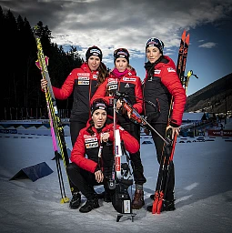 19.12.2019 4 biathletes Swiss Pro - Lena Hacki, et les 3 soeurs -Selina Gasparin, Elisa Gasparin, Aita Gasparin. en competition au Grand-Bornand, France. Photo Darrin Vanselow pour le LMD 2019