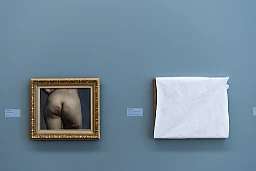 Le tableau "Etude de fesses, vers 1884" et le tableau recouvert de papier de protection "Femmes nues aux chats, vers 1897-1898" de l'artiste Felix Valloton, dans une salle de la collection permanente du Musee cantonal des Beaux-Arts de Lausanne, MCBA, sur le site de Plateforme 10, pendant la crise du Coronavirus (Covid-19) le mercredi 6 mai 2020 a Lausanne.