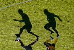05.08.2020; Zuerich; FUSSBALL SCHWEIZER CUP - FC Winterthur - FC Bavois, Feature Schatten, Joaquim Adrian Alvarez (Bavois) Granit Lekaj (Winterthur), (Editor note: picture is rotated); (Claudio Thoma/freshfocus)