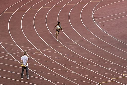 Mujinga Kambundji from Switzerland competes in the women's 150m race during the Weltklasse Zurich Inspiration Games, a virtual international athletics meeting with 30 athletes in eight disciplines at seven venues worldwide, in the Letzigrund stadium in Zurich, Switzerland, Thursday, July 9, 2020. (KEYSTONE/Ennio Leanza)