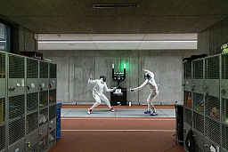 Two epee fencers in action at the Grand Prix Bern epee fencing world cup tournament in Bern, Switzerland, Friday, November 19, 2021.(KEYSTONE/Peter Klaunzer) Two epee fencers in action at the Grand Prix Bern epee fencing world cup tournament in Bern, Switzerland, Friday, November 19, 2021.(KEYSTONE/Peter Klaunzer)