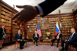 A security officer indicates to the media to step back as U.S. President Joe Biden, U.S. Secretary of State Antony Blinken, Russia's President Vladimir Putin and Russia's Foreign Minister Sergei Lavrov meet for the U.S.-Russia summit at Villa La Grange in Geneva, Switzerland, June 16, 2021. REUTERS/Denis Balibouse/Pool A security officer indicates to the media to step back as U.S. President Joe Biden, U.S. Secretary of State Antony Blinken, Russia's President Vladimir Putin and Russia's Foreign Minister Sergei Lavrov meet for the U.S.-Russia summit at Villa La Grange in Geneva, Switzerland, June 16, 2021. REUTERS/Denis Balibouse/Pool