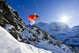 Marco Odermatt of Switzerland in action during the men's downhill race at the Alpine Skiing FIS Ski World Cup in Wengen, Switzerland, Thursday, January 11, 2024.