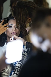 Participant Barbara Suter is getting her makeup done by stylists, prior to the Miss Universe Switzerland competition in Bern, Switzerland, Saturday, September 28, 2024.(KEYSTONE/Peter Klaunzer)
